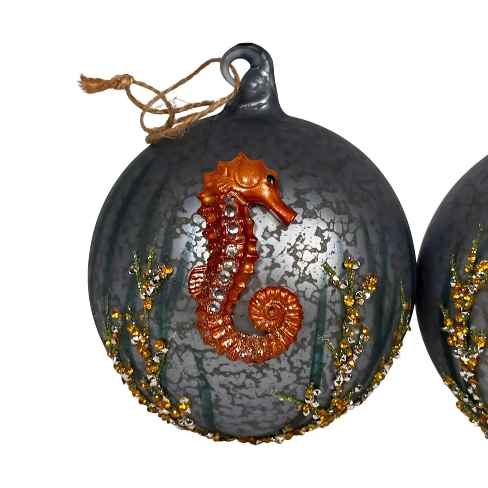 Pottery Barn Orange Seahorse Golden Seaweed Antiqued Crackle Glass Ornaments x2